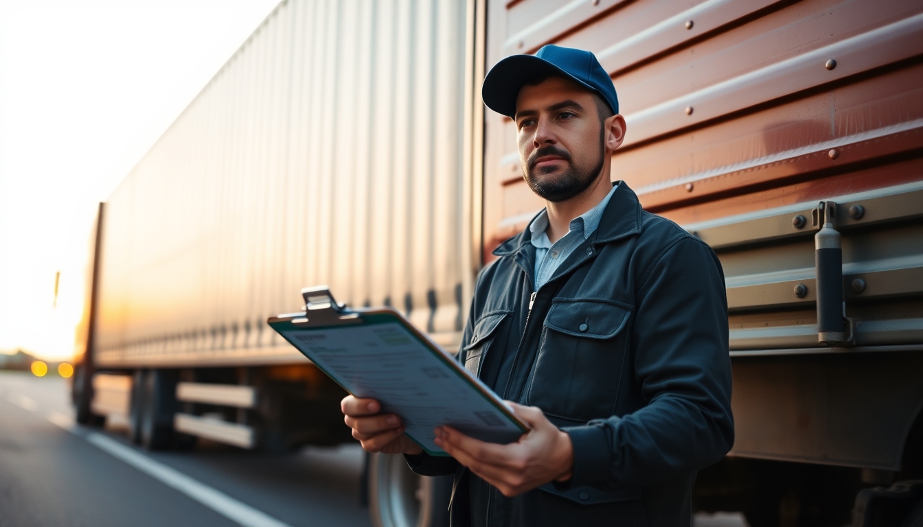 Caminhoneiro com notas de frete ao lado do caminhão em estilo editorial