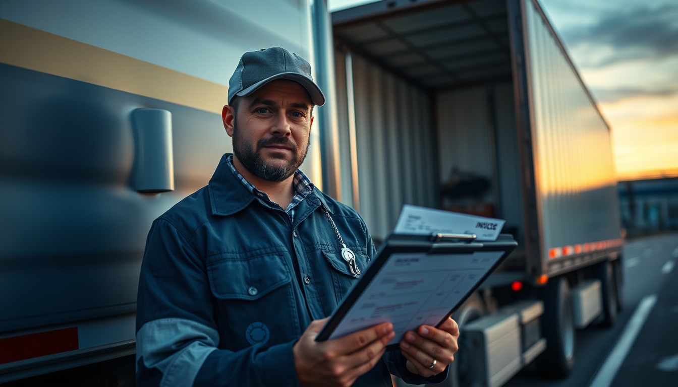 Caminhoneiro com notas de frete ao lado do caminhão em estilo editorial