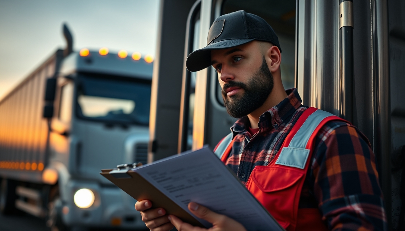 Caminhoneiro com notas de frete ao lado do caminhão em estilo editorial