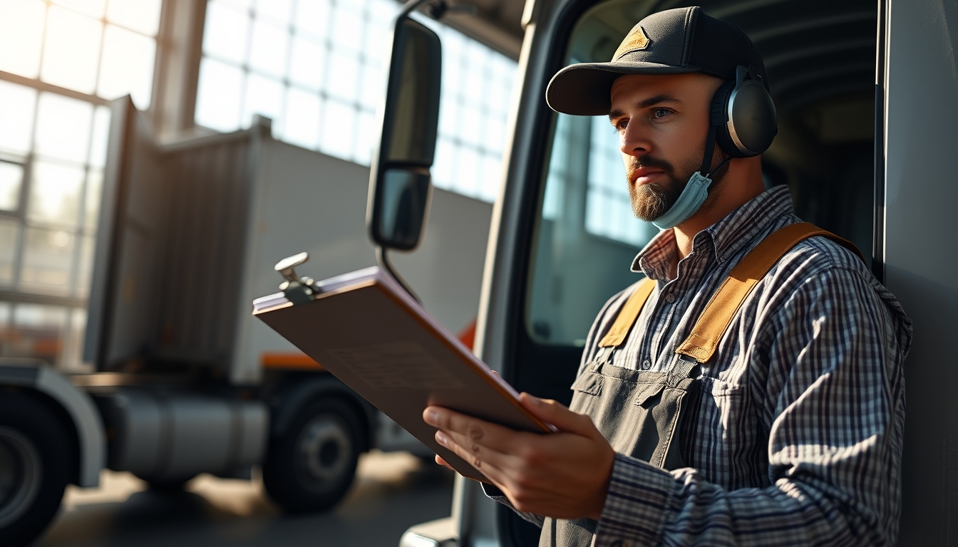 Caminhoneiro com notas de frete ao lado do caminhão em estilo editorial