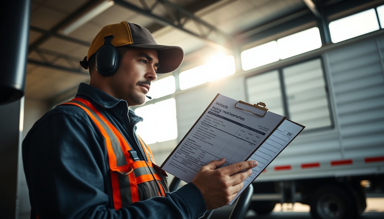 Caminhoneiro com notas de frete ao lado do caminhão em estilo editorial