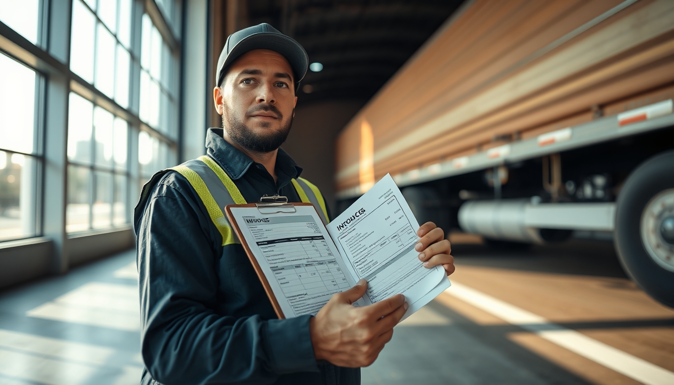 Caminhoneiro com notas de frete ao lado do caminhão em estilo editorial