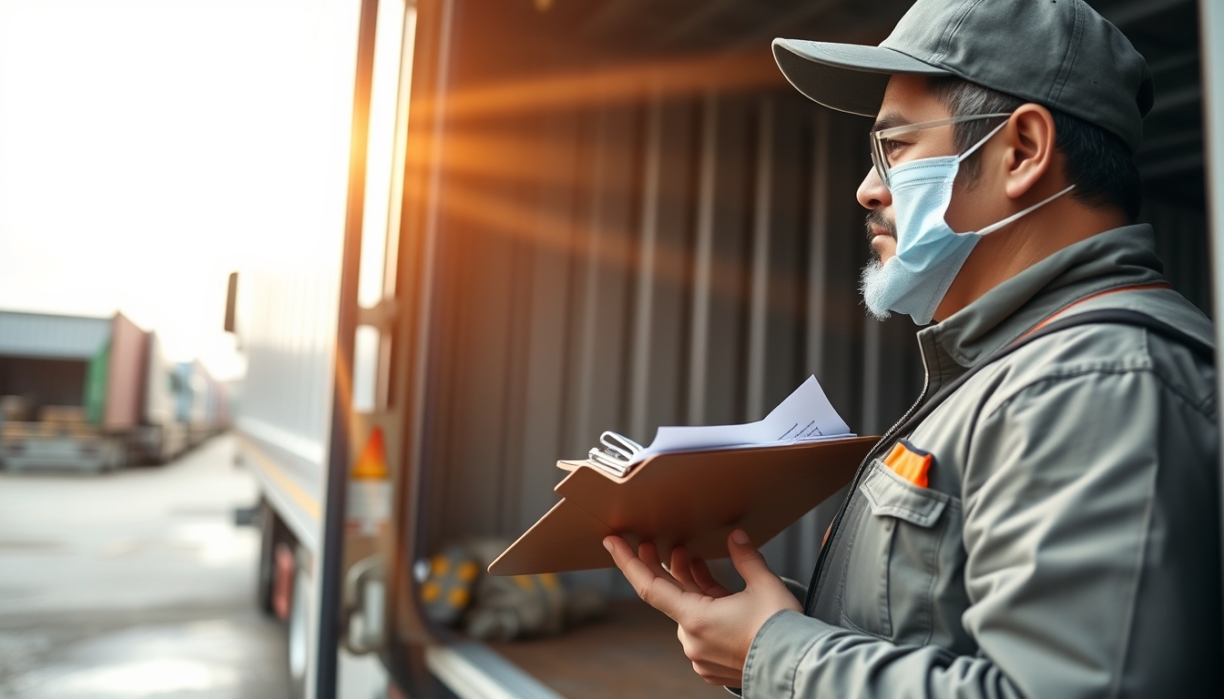 Caminhoneiro com notas de frete ao lado do caminhão em estilo editorial