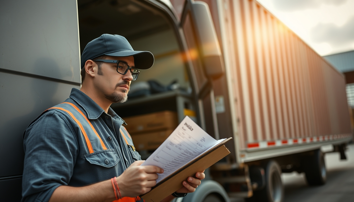 Caminhoneiro com notas de frete ao lado do caminhão em estilo editorial