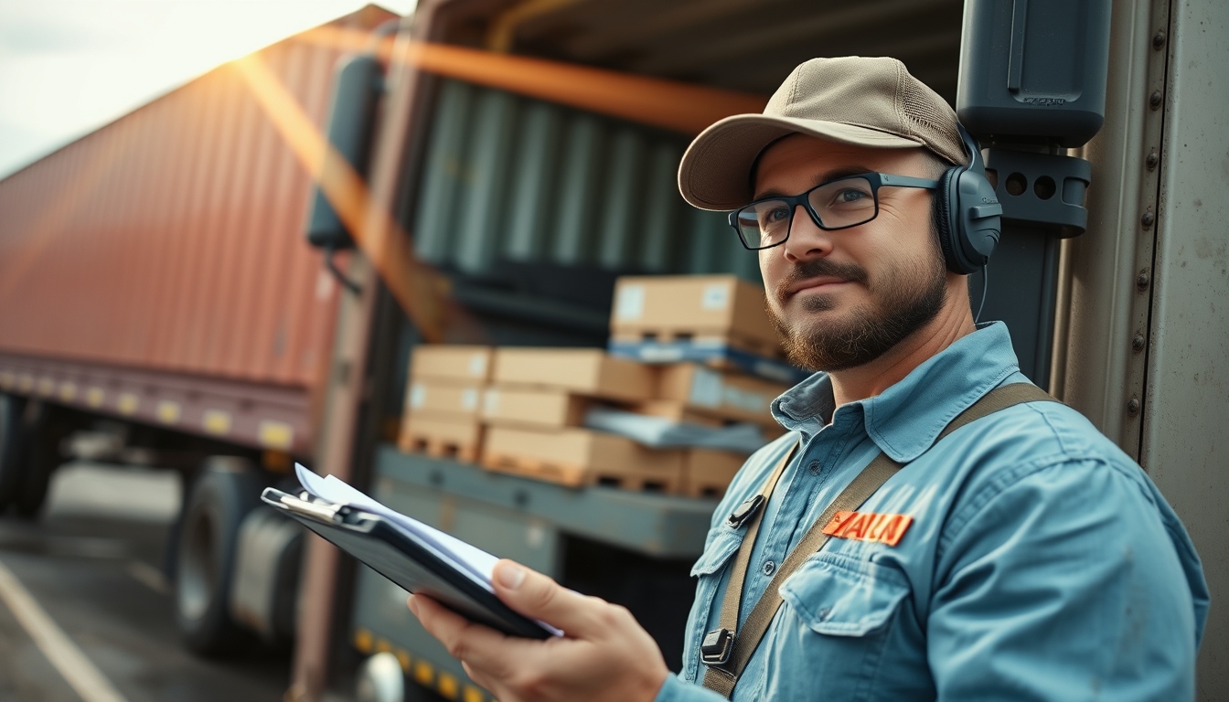 Caminhoneiro com notas de frete ao lado do caminhão em estilo editorial