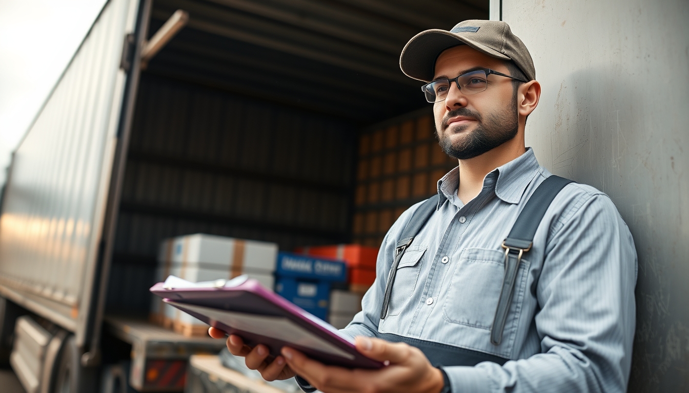 Caminhoneiro com notas de frete ao lado do caminhão em estilo editorial
