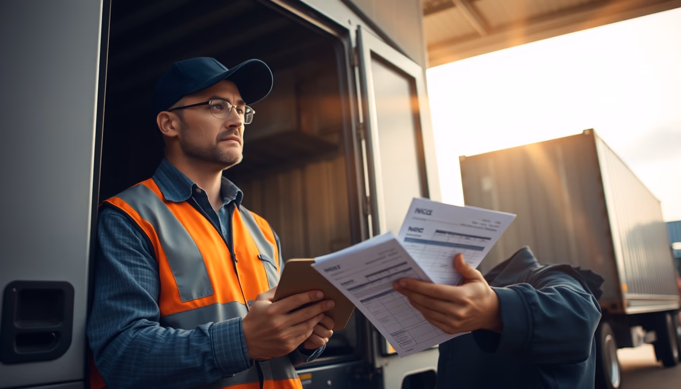 truck driver with shipping invoices on a clipboard near a cargo truck in editorial style