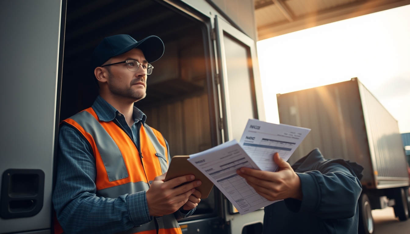 Caminhoneiro com notas de frete ao lado do caminhão em estilo editorial