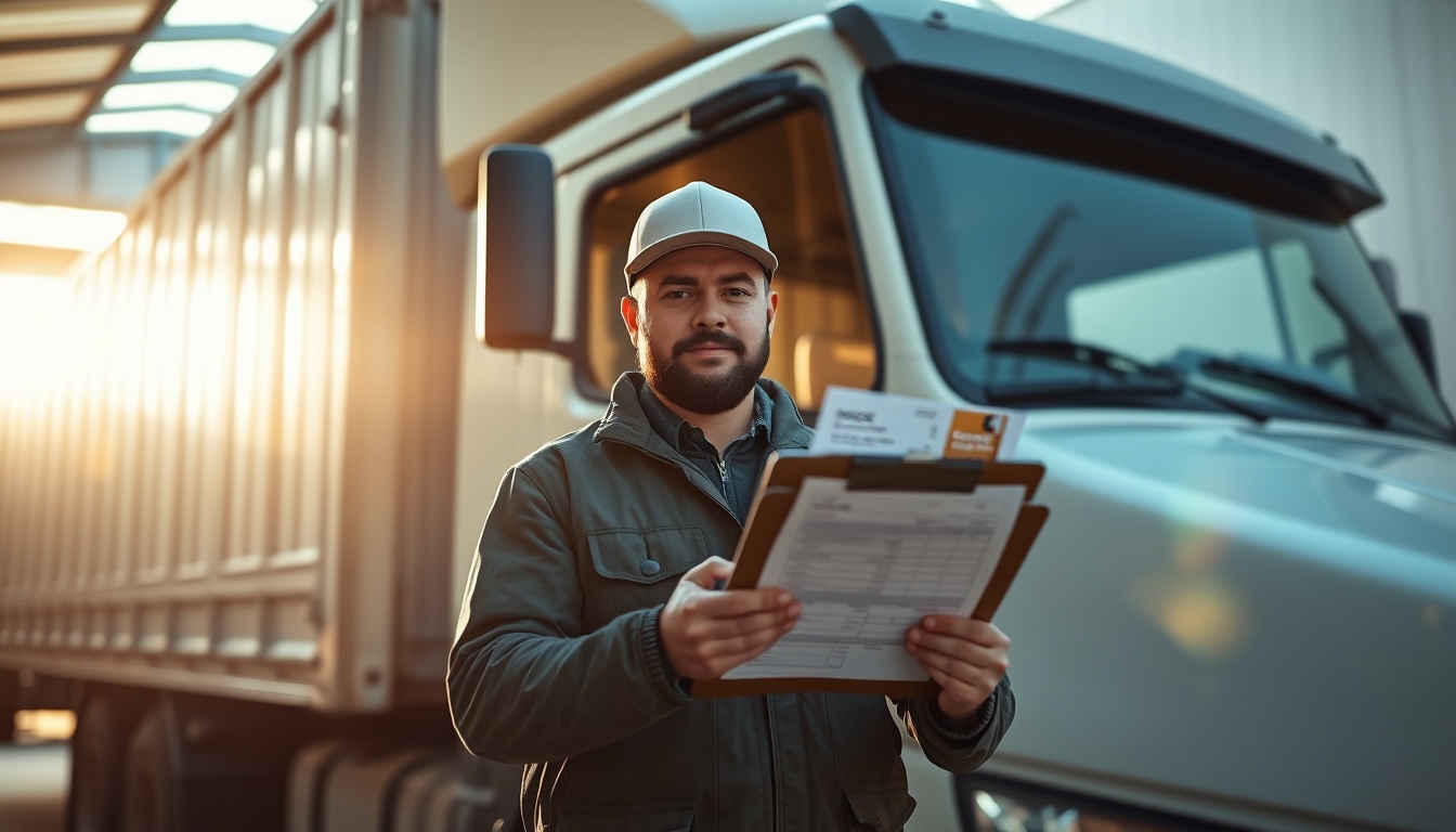 Caminhoneiro com notas de frete ao lado do caminhão em estilo editorial