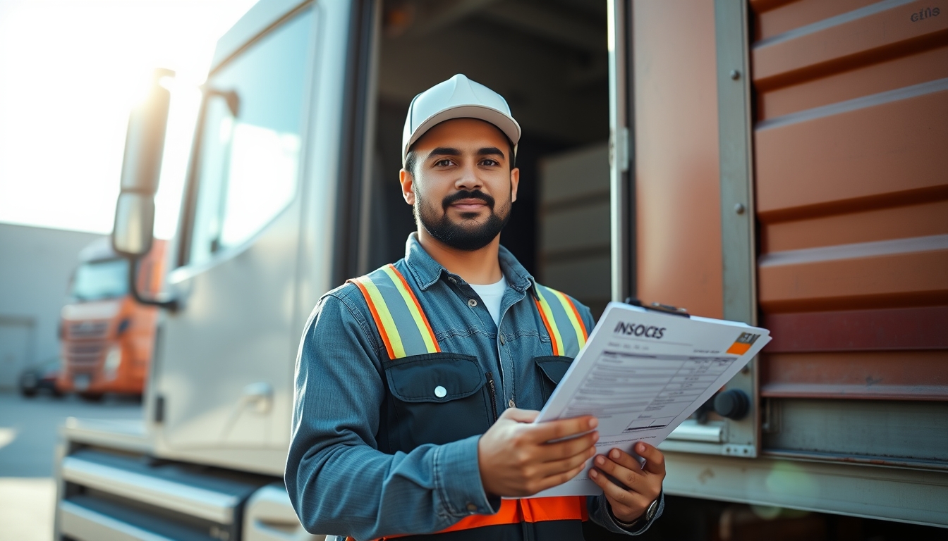 Caminhoneiro com notas de frete ao lado do caminhão em estilo editorial