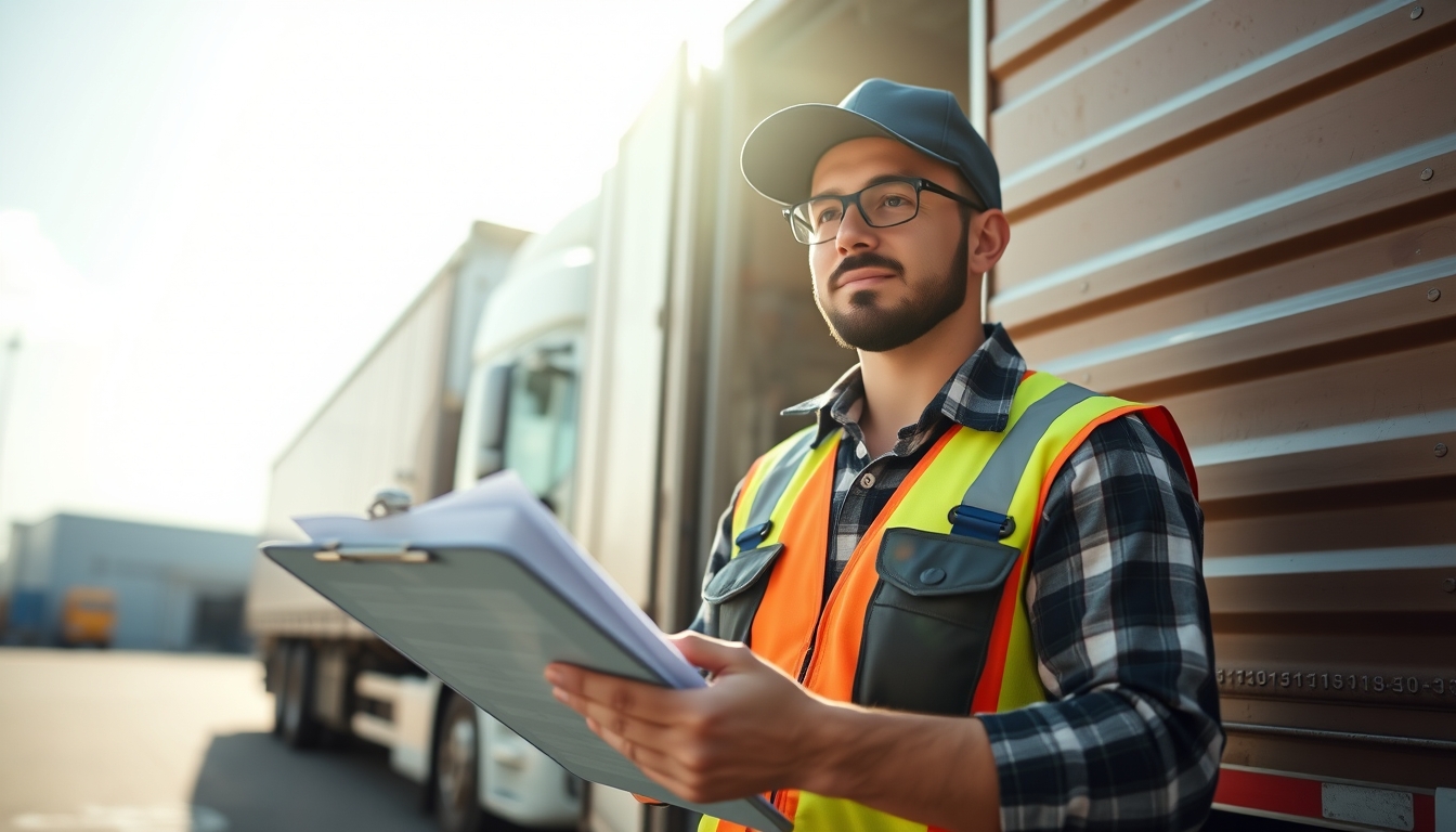 Caminhoneiro com notas de frete ao lado do caminhão em estilo editorial