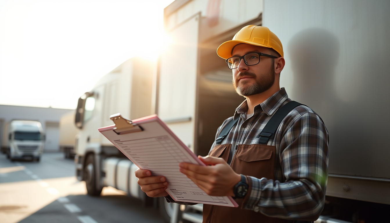 Caminhoneiro com notas de frete ao lado do caminhão em estilo editorial