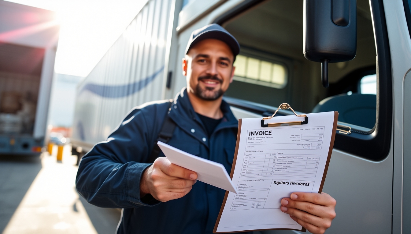Caminhoneiro com notas de frete ao lado do caminhão em estilo editorial