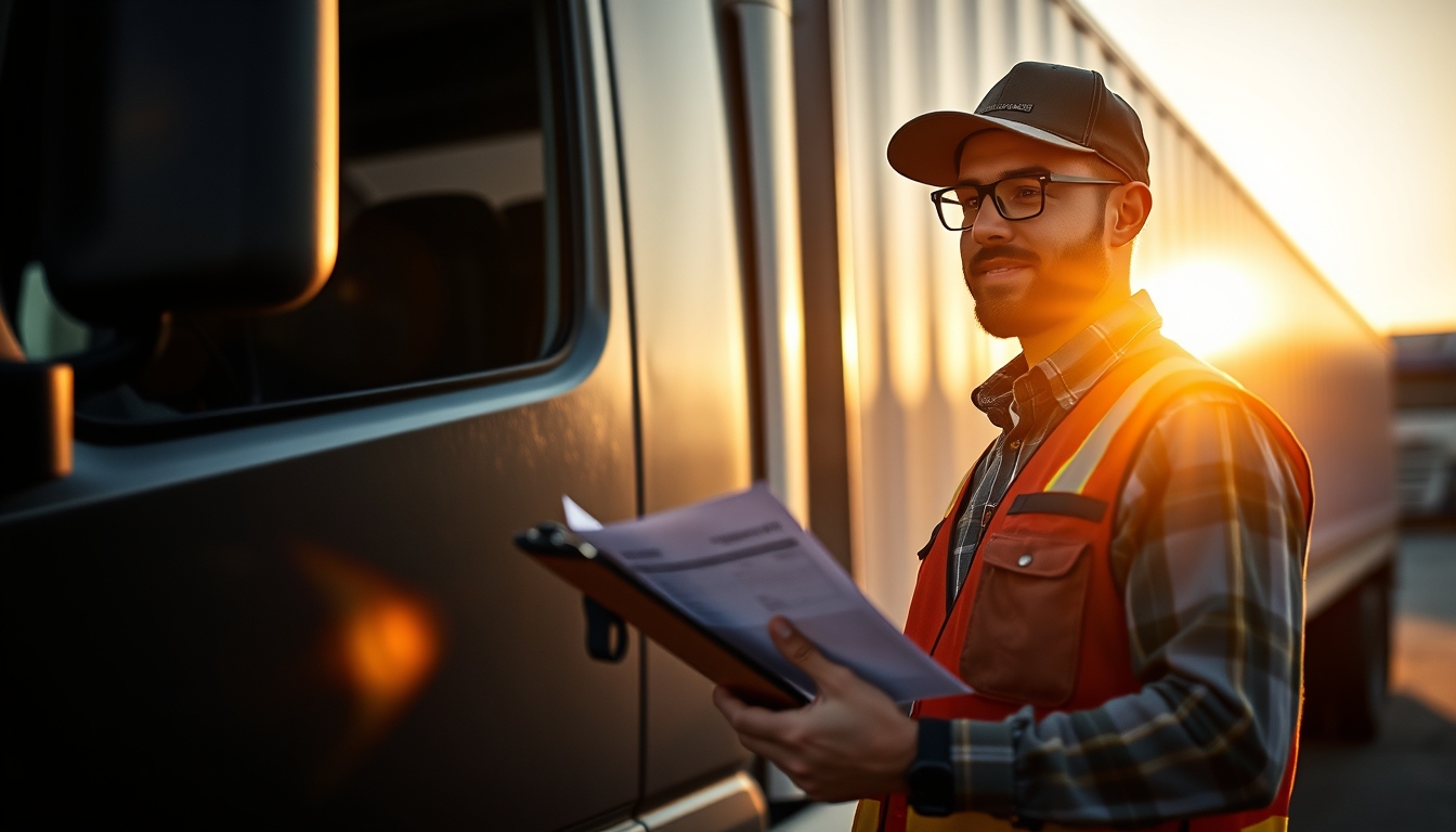 Caminhoneiro com notas de frete ao lado do caminhão em estilo editorial