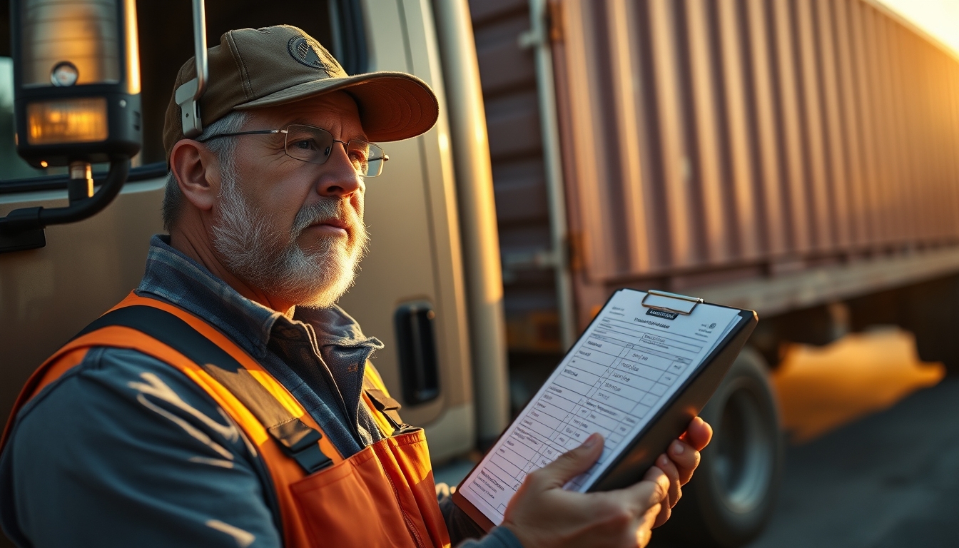 Caminhoneiro com notas de frete ao lado do caminhão em estilo editorial