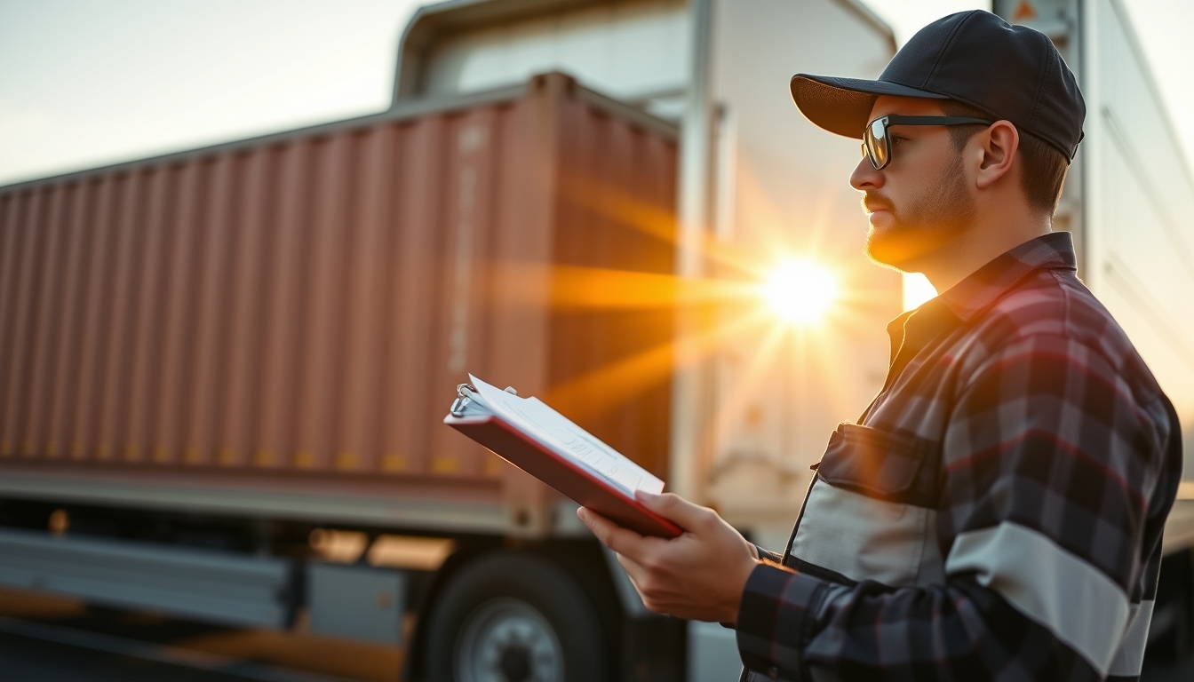 Caminhoneiro com notas de frete ao lado do caminhão em estilo editorial