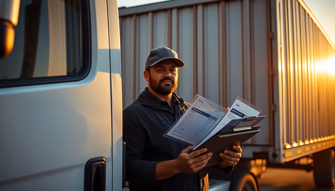 Caminhoneiro com notas de frete ao lado do caminhão em estilo editorial