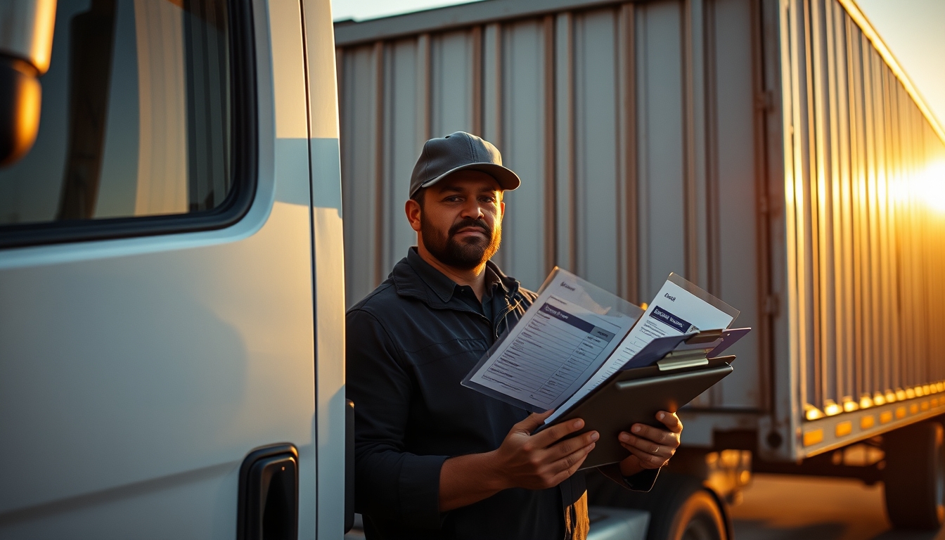 Caminhoneiro com notas de frete ao lado do caminhão em estilo editorial