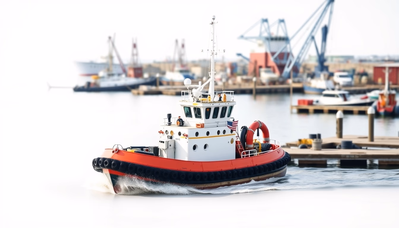 tugboat working harbor in editorial style