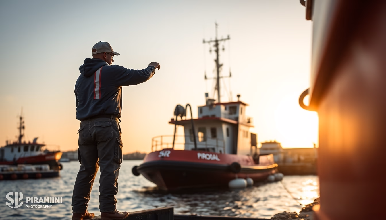 tugboat working harbor in editorial style