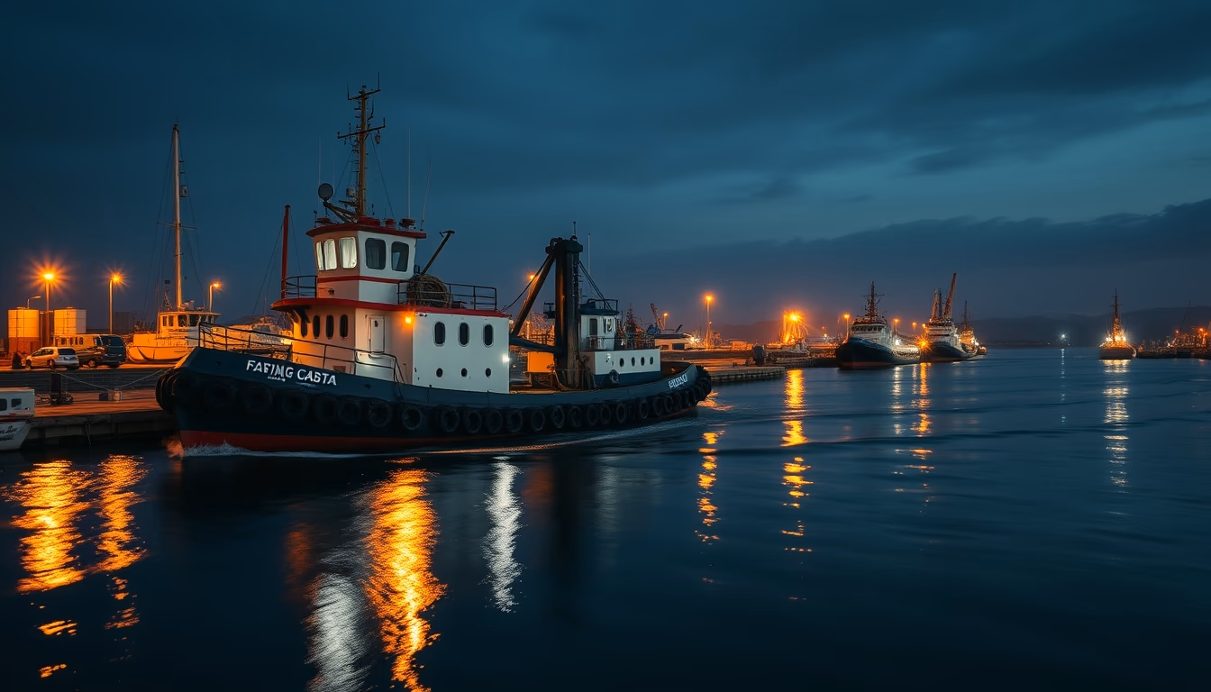 tugboat working harbor in editorial style
