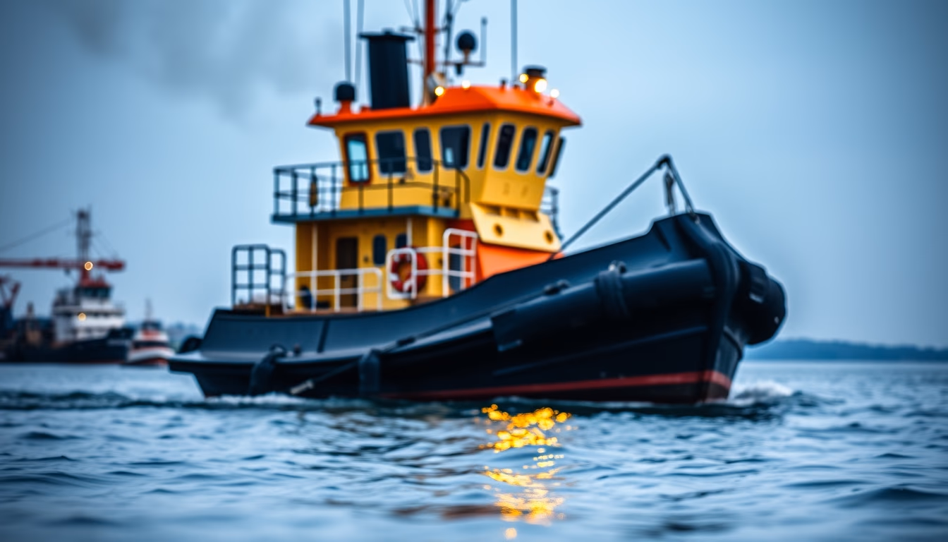 tugboat working harbor in editorial style