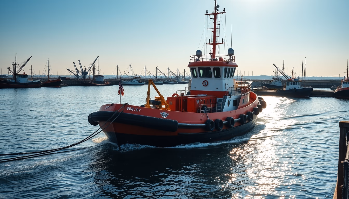 tugboat working harbor in editorial style