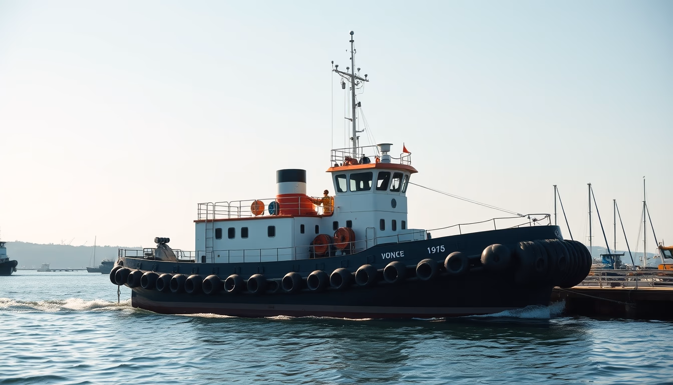 tugboat working harbor in editorial style