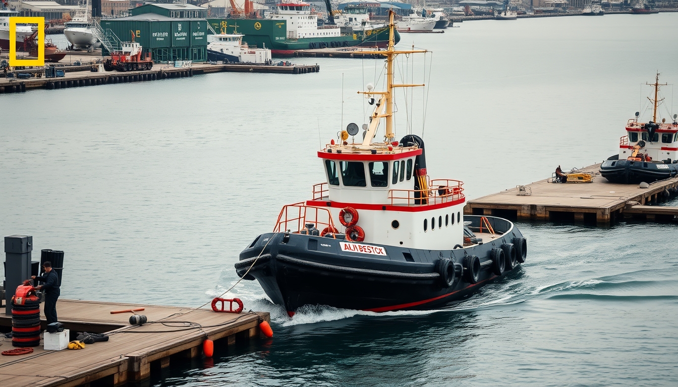 tugboat working harbor in editorial style
