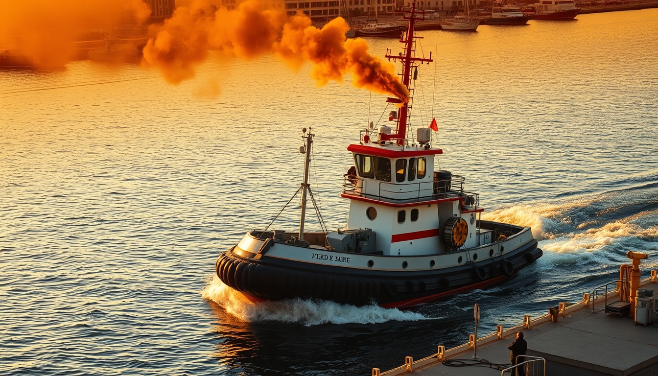 tugboat working harbor in editorial style