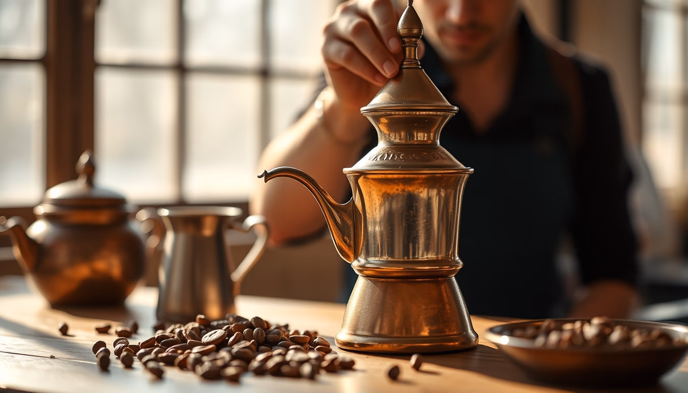 turkish coffee copper pot in editorial style