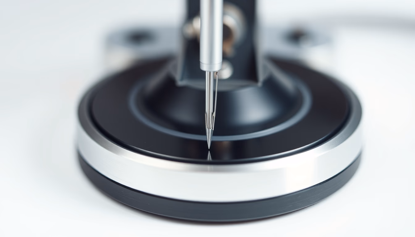 turntable needle macro in editorial style