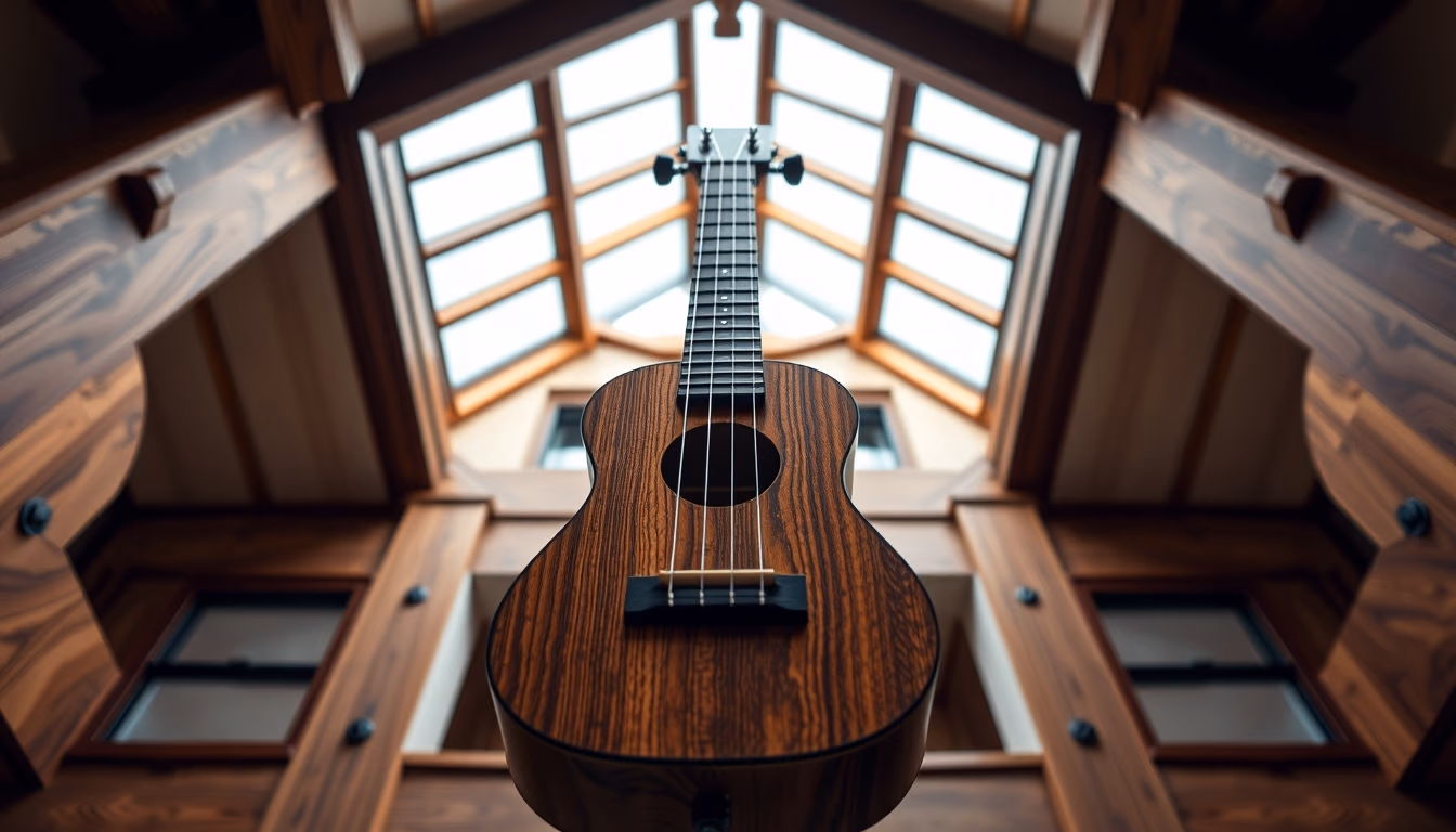 ukulele hawaiian wood in editorial style
