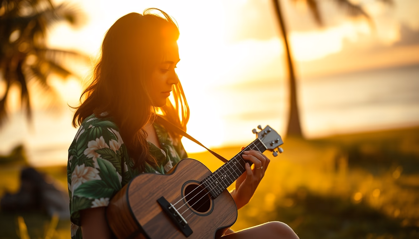 ukulele hawaiian wood in editorial style