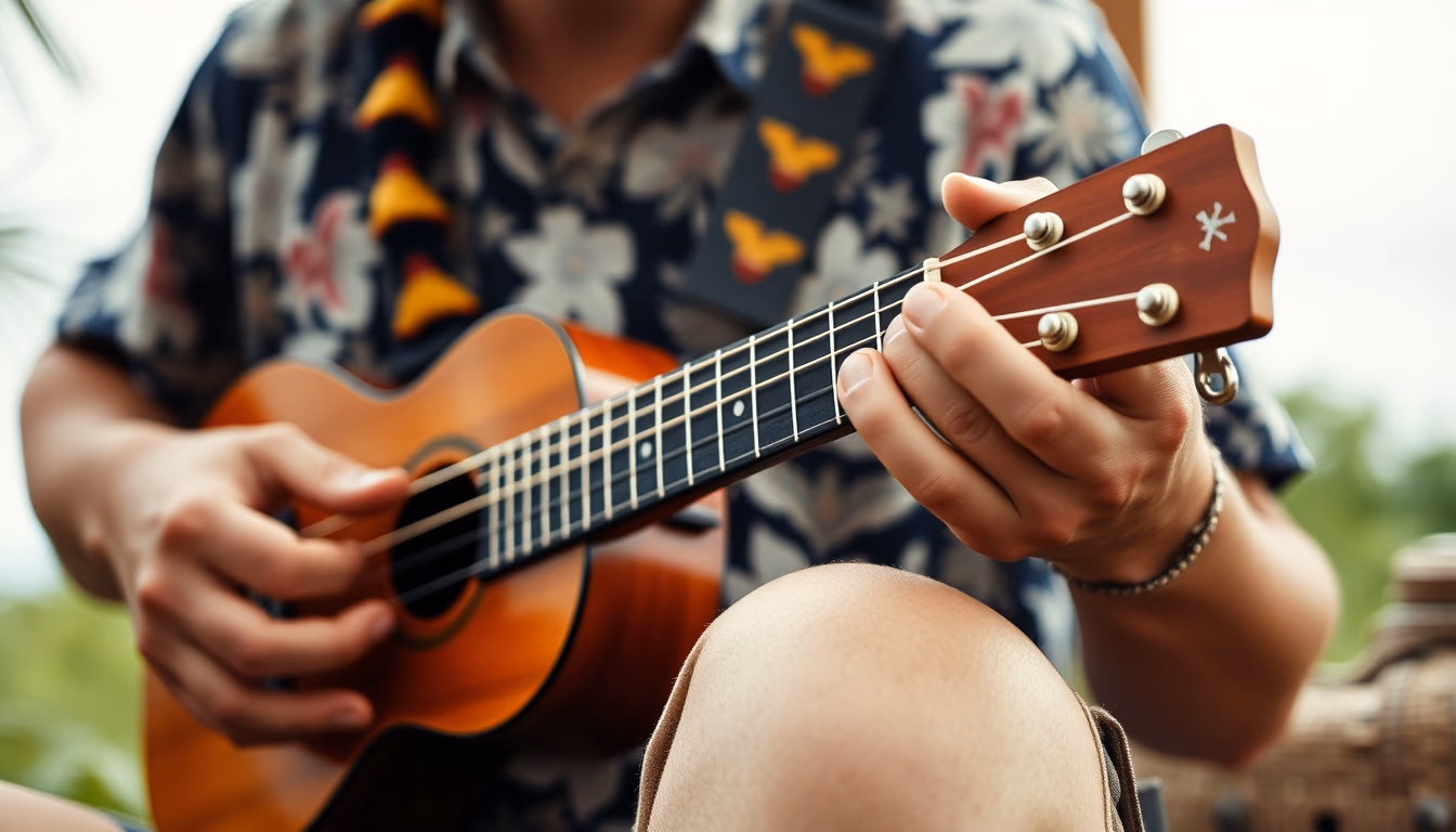 ukulele hawaiian wood in editorial style