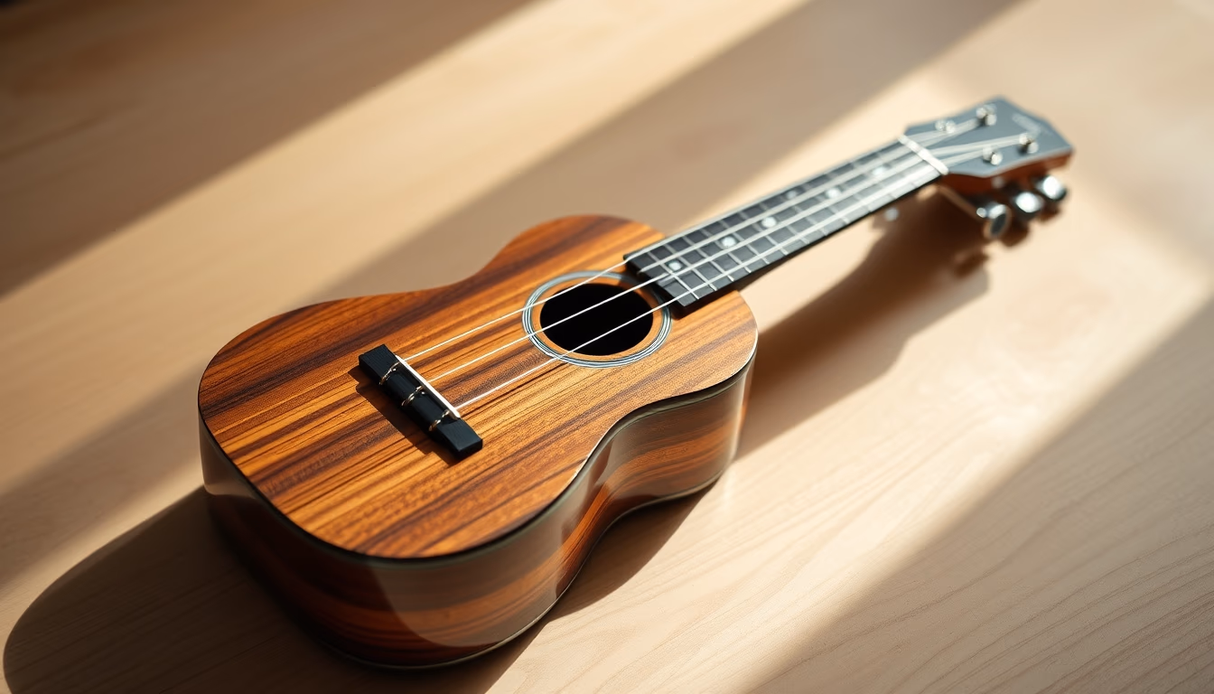 ukulele hawaiian wood in editorial style