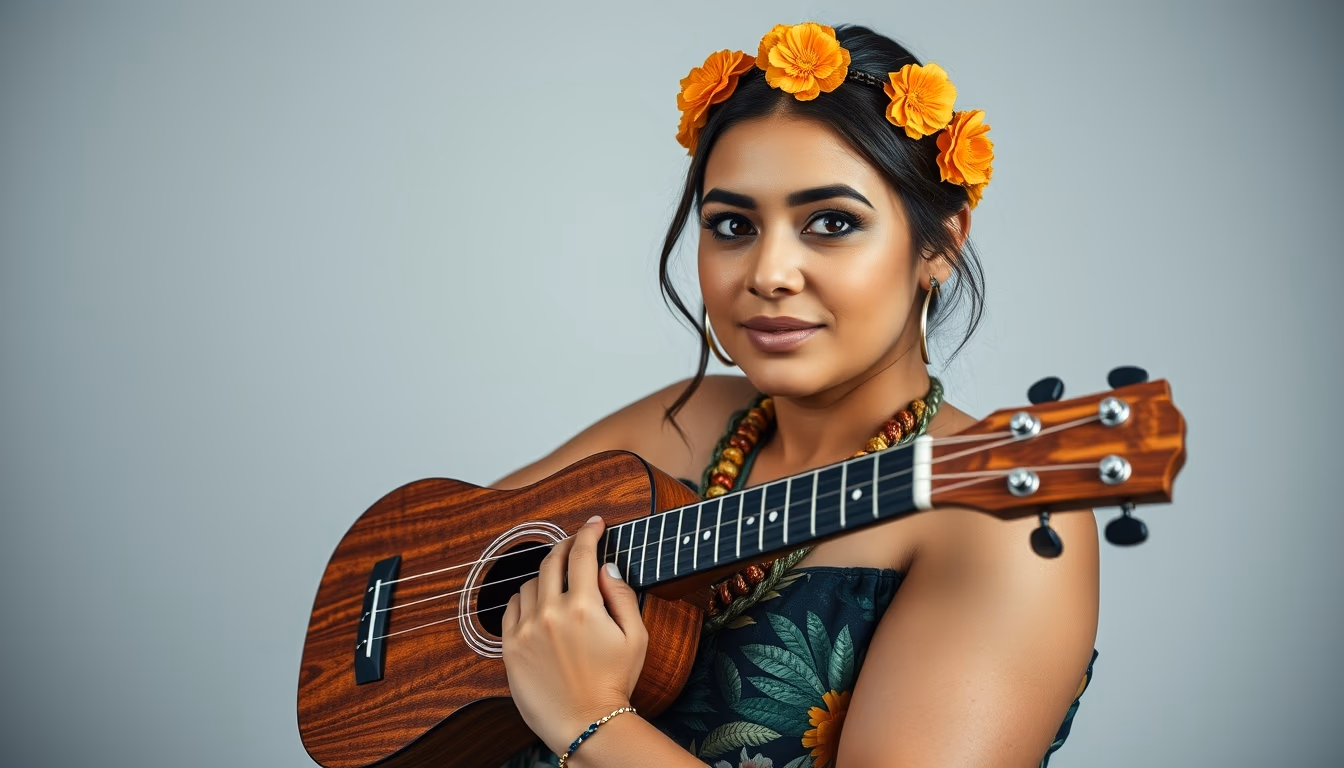 ukulele hawaiian wood in editorial style