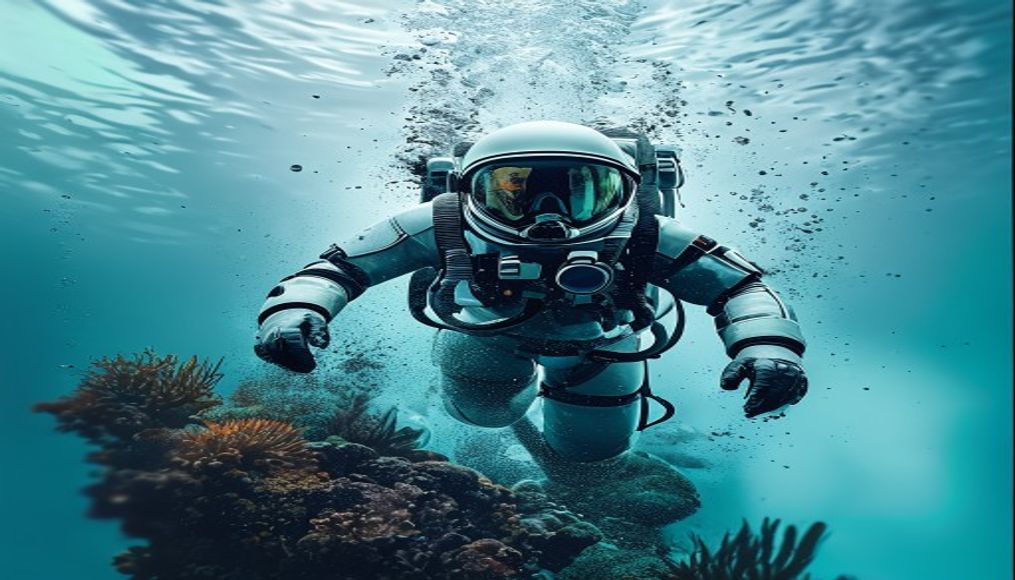 underwater habitat aquanaut in editorial style