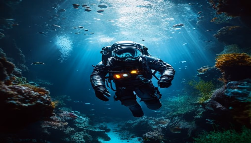 underwater habitat aquanaut in editorial style