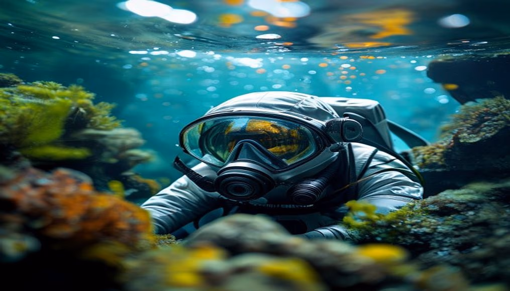 underwater habitat aquanaut in editorial style