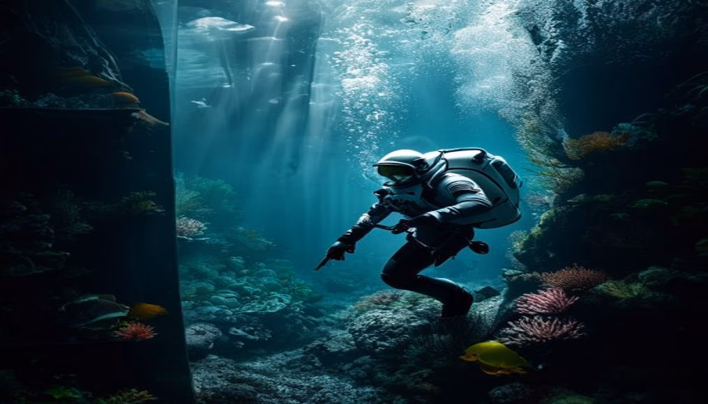 Underwater habitat aquanaut em estilo editorial