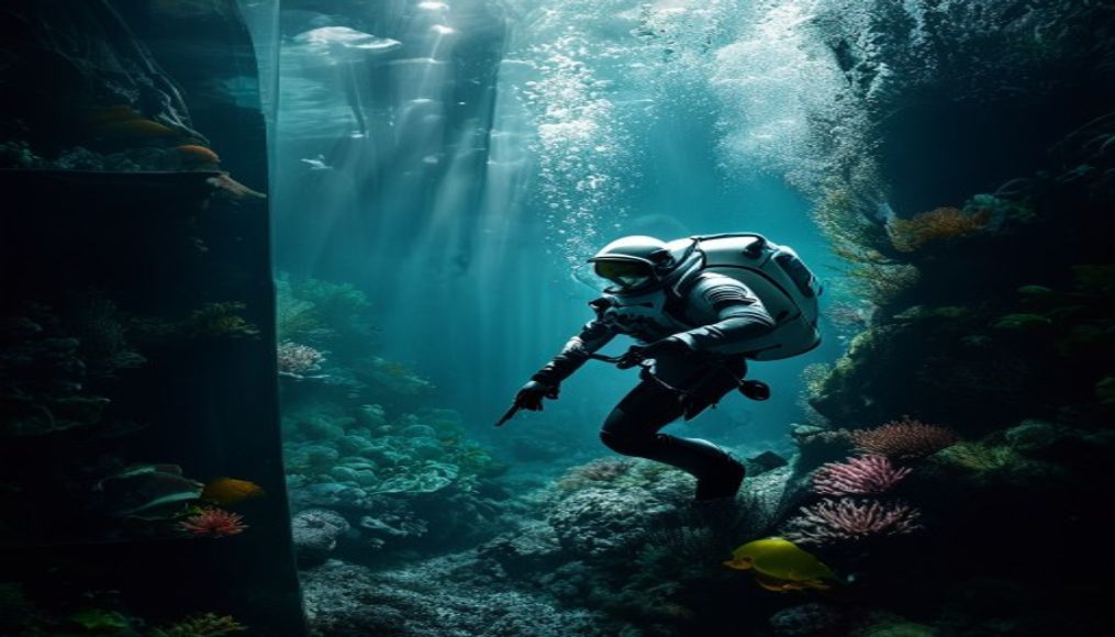 underwater habitat aquanaut in editorial style