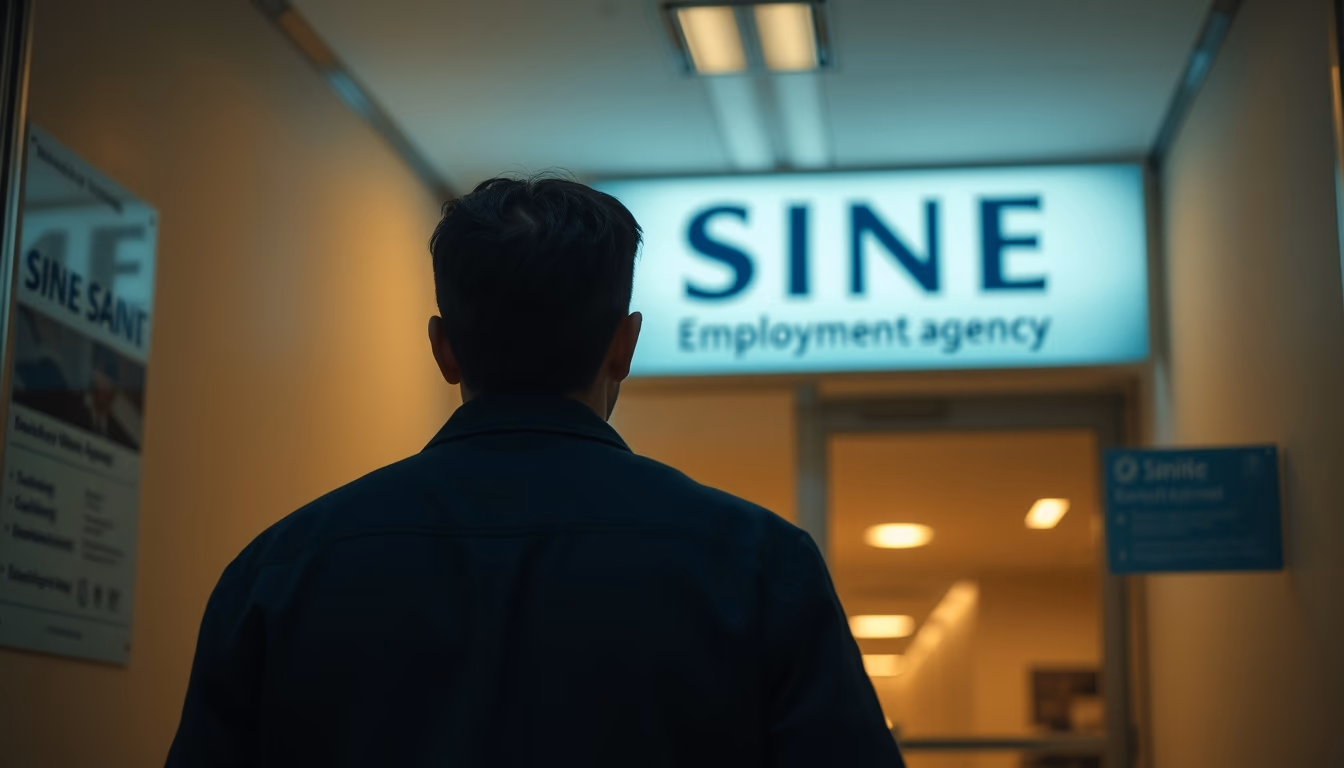 Desempregado entrando em agência do SINE em estilo editorial