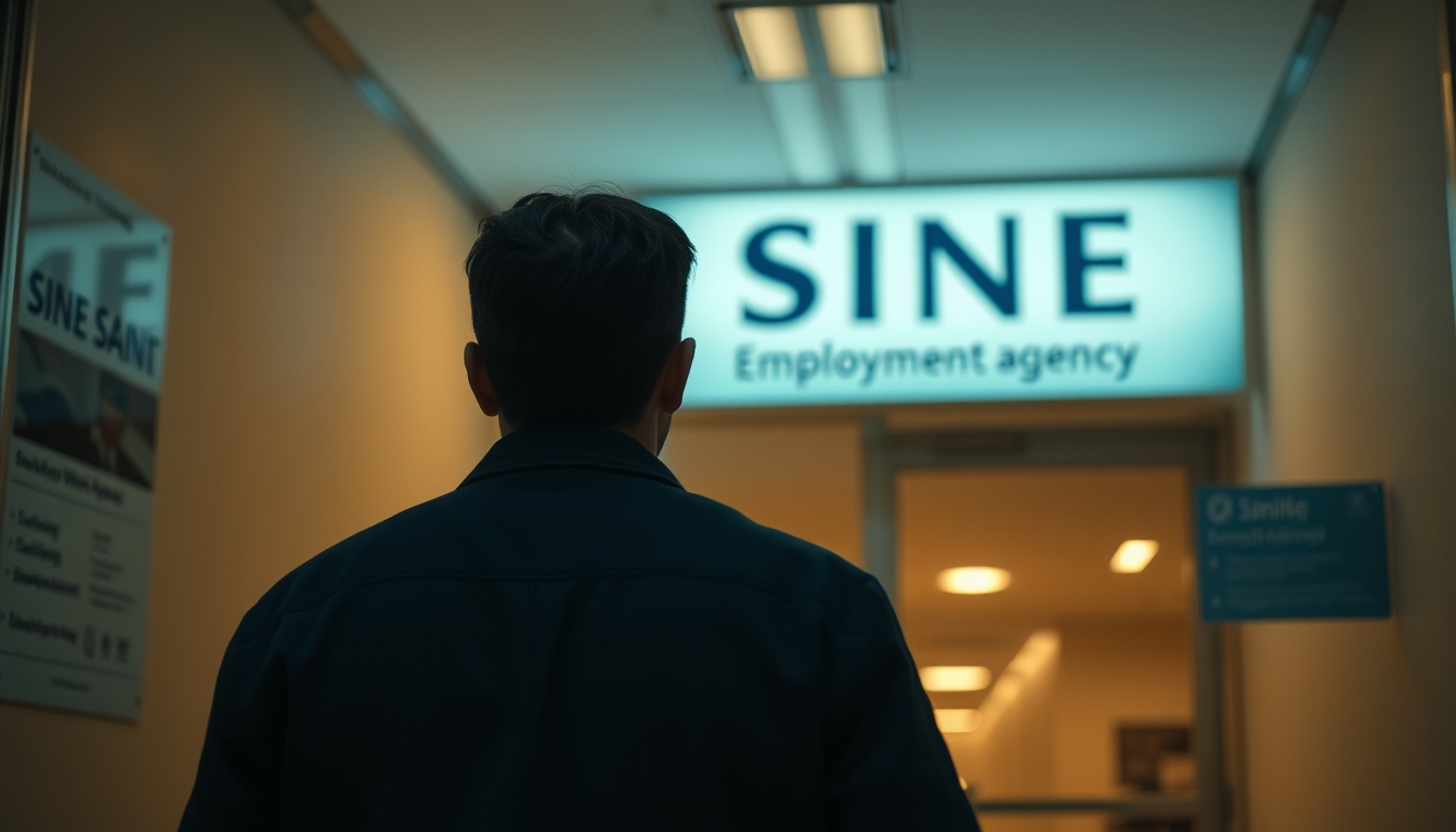 unemployed person walking into an unemployment office in editorial style