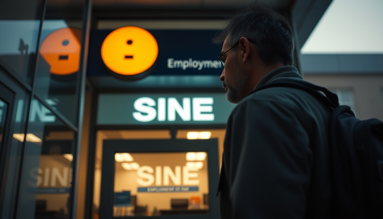 unemployed person walking into an unemployment office in editorial style