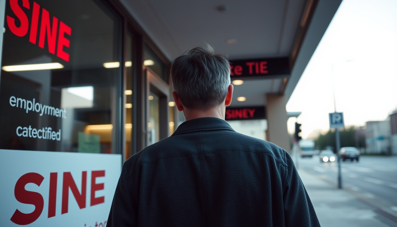 unemployed person walking into an unemployment office in editorial style