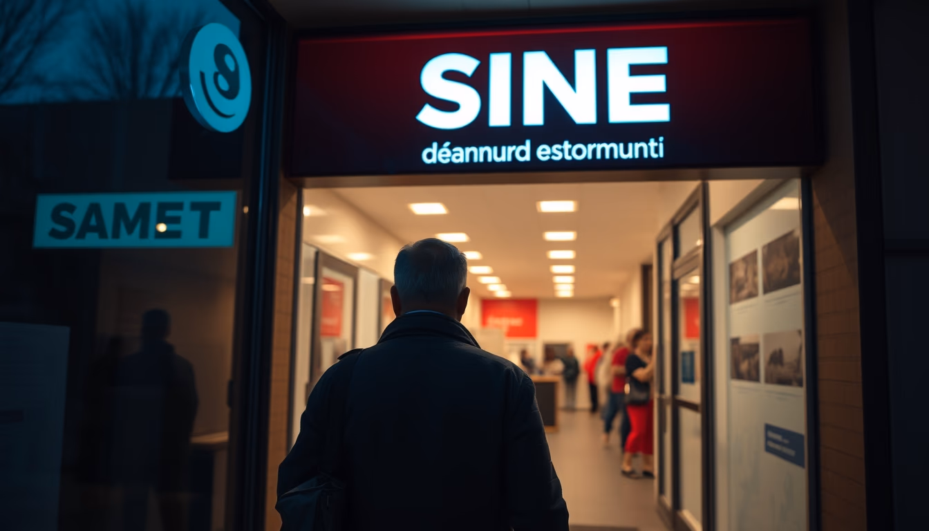 Desempregado entrando em agência do SINE em estilo editorial