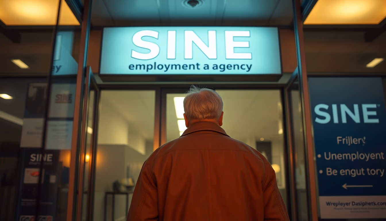 Desempregado entrando em agência do SINE em estilo editorial