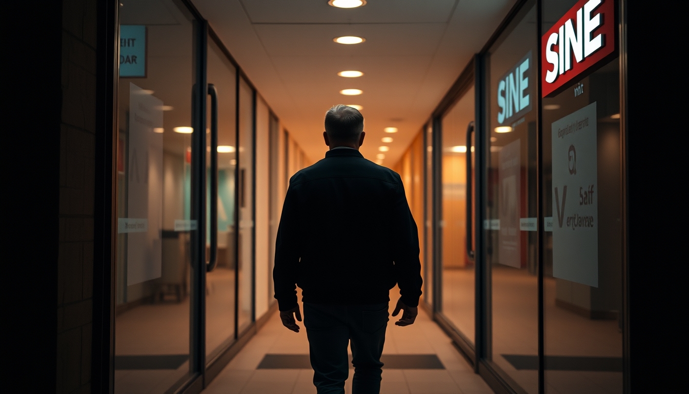 unemployed person walking into an unemployment office in editorial style