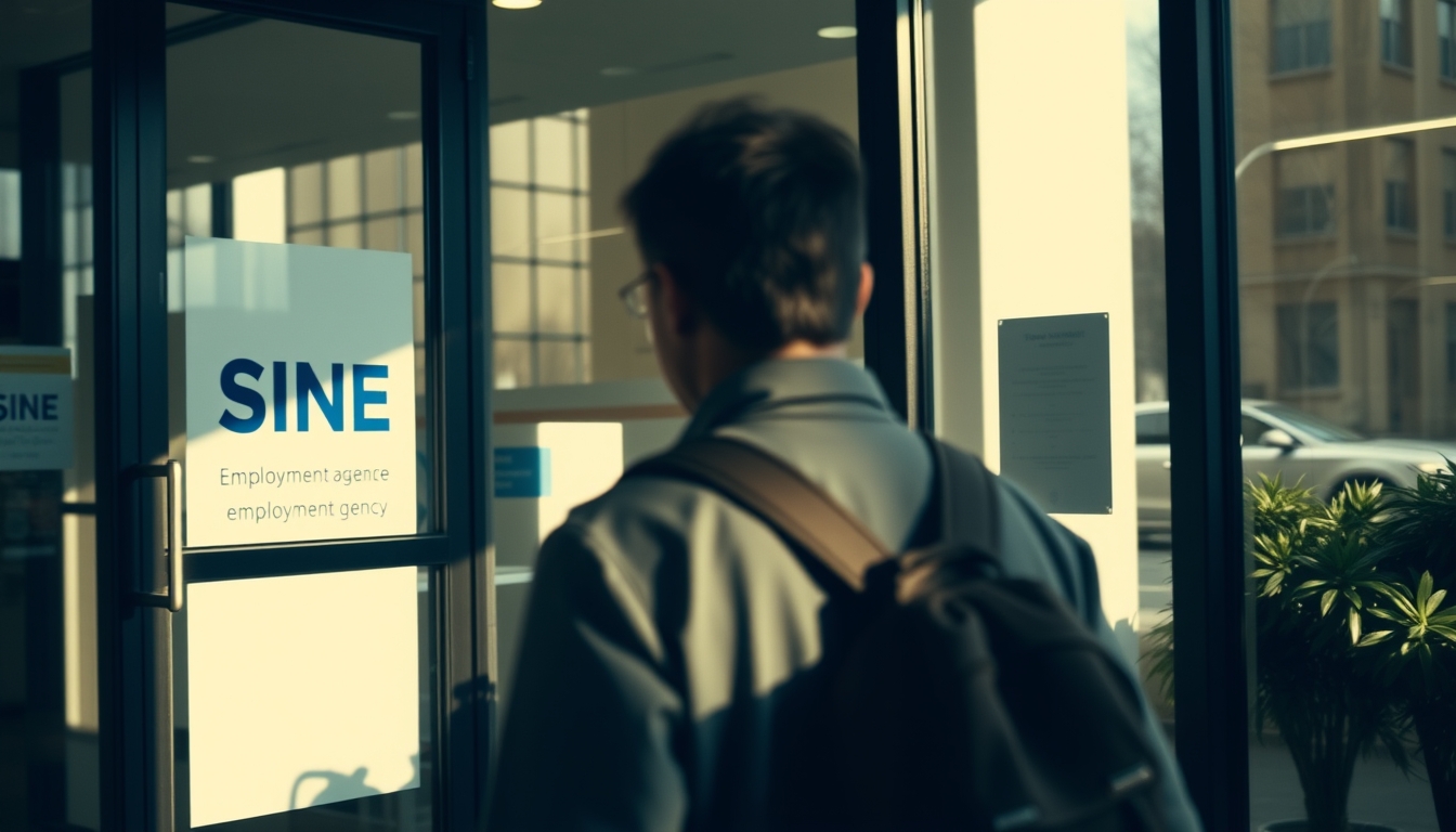 unemployed person walking into an unemployment office in editorial style